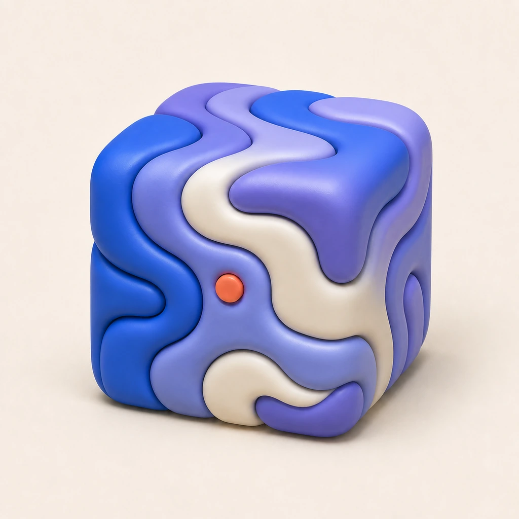 A translucent cube holding a folded blue memory form
